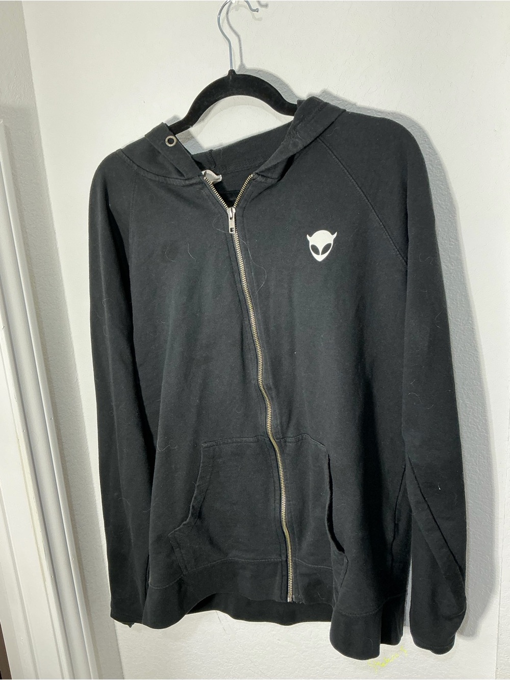Black Zip-Up Hoodie with Small Alien Logo